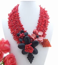 Red Coral Black Onyx Shell Red agate Statement Necklace