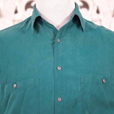 g.t90s【PERRY ELLIS】silk100%shirt Vintage Perry Ellis Green Silk Shirt - Men's S, Double Pockets