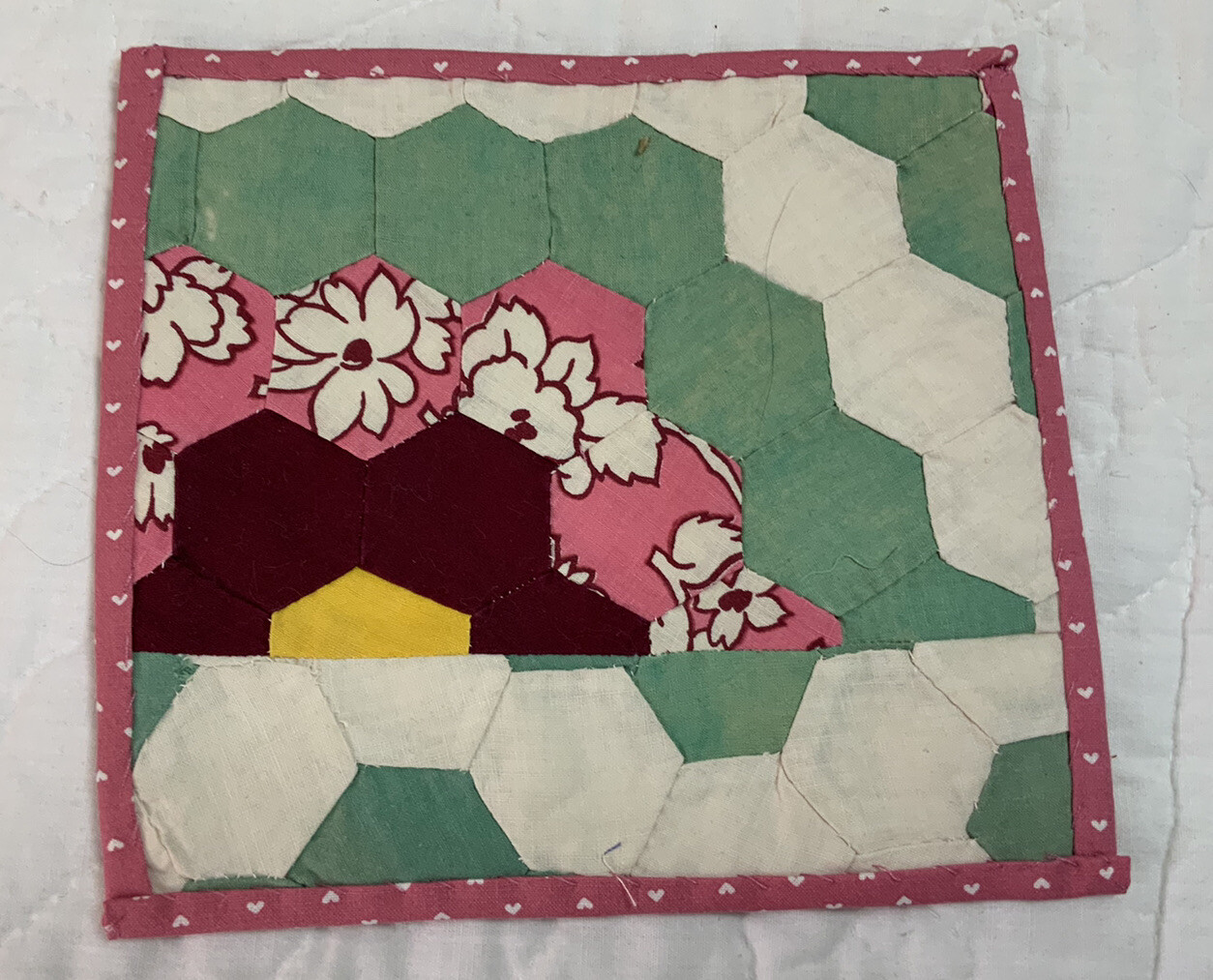 Vintage Patchwork Quilt Table Topper, Flower Garden, Floral Calico Prints, 1930s