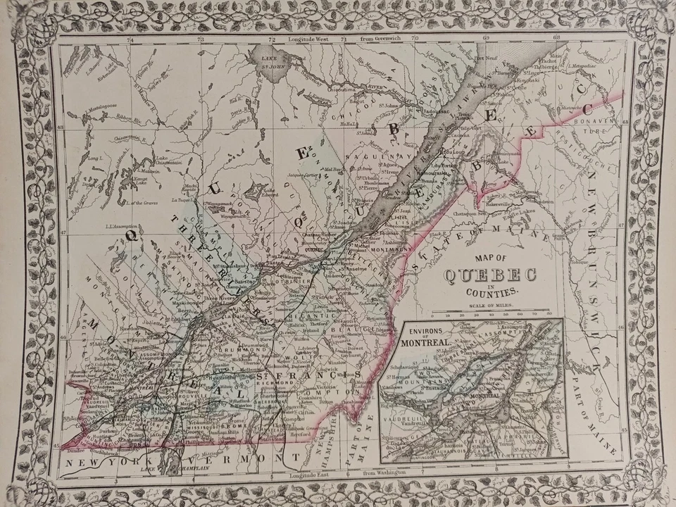 Mapa de Mitchell de 1873 de los condados de Quebec auténtico coloreado a mano antiguo Montreal Foto 2 de 4