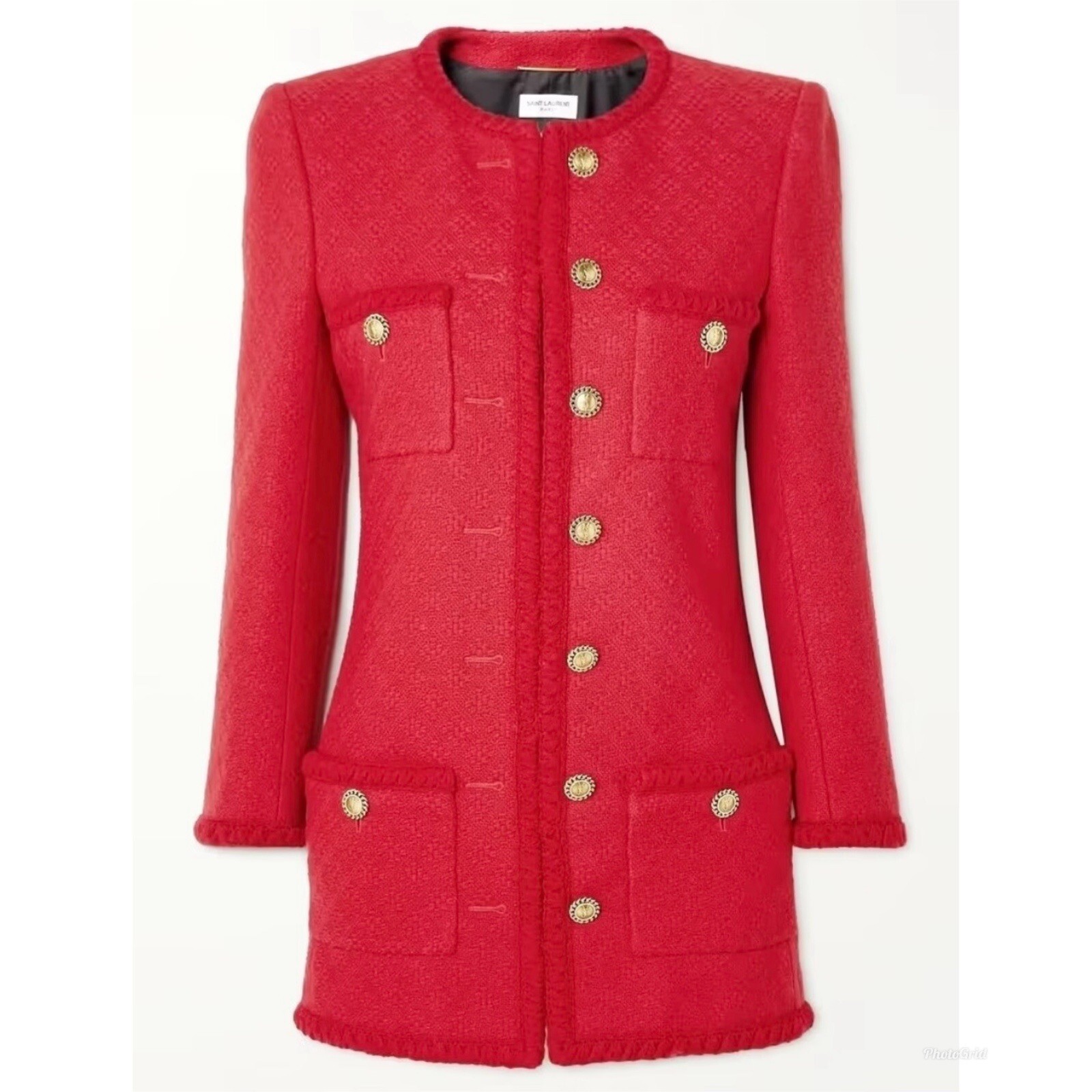 Cappotto con bottoni Saint Laurent Diamante In rilievo Tweed Dettaglio Intreccia Oro Rosso YSL