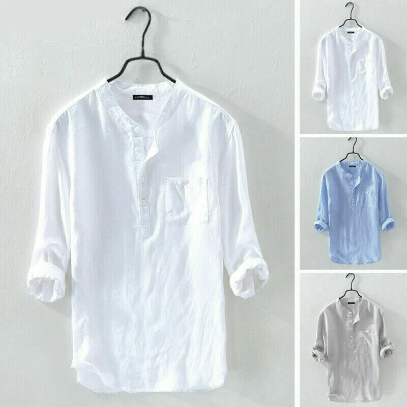Men's 3/4Sleeve Cotton Linen Henley Blouse V-Neck Loose Casual Tops T Shirts Tee