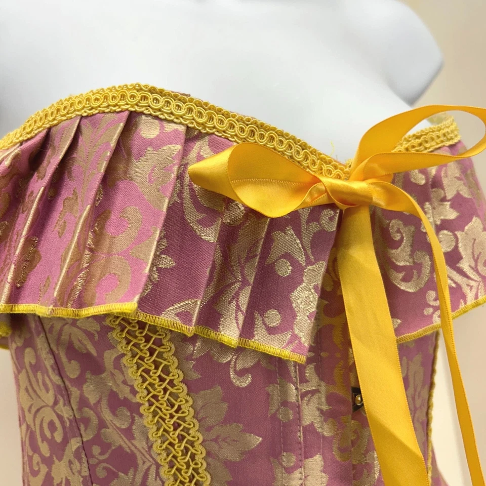 Corsé con cordones Bustier deshuesado satinado brocado rosa y dorado talla XL disfraz renacentista Foto 3 de 4