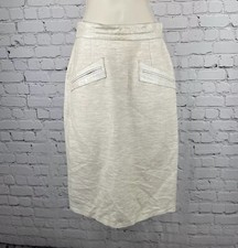 VTG Lillie Rubin Ivory Linen Blend Leather Trim Knee Length Pencil Skirt Size 6