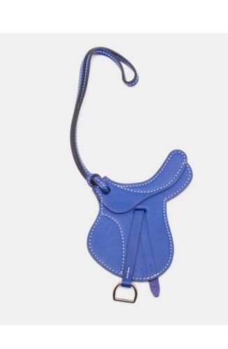 Hermes Paddock Cell Saddle Motif in Blue Leather Bag Charm with Box - Picture 1 of 3