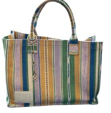 Sandro Tote Bag In Striped Canvas Shoulder Bag/purse Yellow Green Multi Handbag
