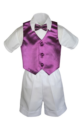 4pc Boy Baby Toddler Wedding Formal WHITE Shorts Outfit + Choose Color Vest Set - Picture 22 of 25