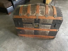 Antique/Vintage Camelback Domed Steamer Trunk, Oak and Embossed Tin