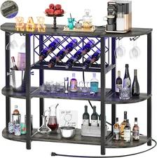 4-Tier Metal Coffee Bar Cabinet with Outlet and LED Light, Freestanding Floor Ba