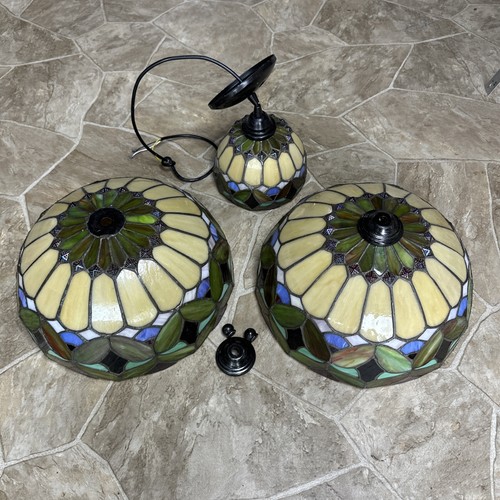 Set Of 3 Vintage Tiffany Style Stained Glass Chandeliers & Light