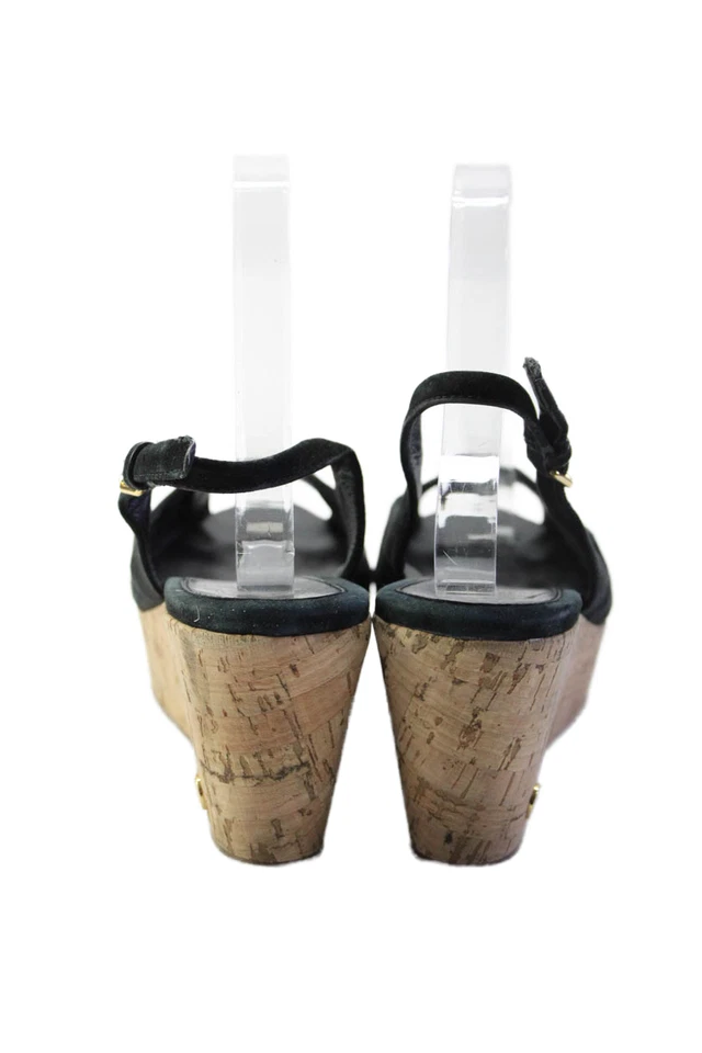 Salto Tory Burch Feminino Camurça Slingback Peep Toe Charmado Cortiça Preto Tamanho 7.5 - Imagem 3 de 4