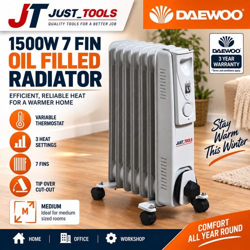 Daewoo 7 Fin Oil Filled Radiator 1500W Portable Electric Heater 3 Heat Settings