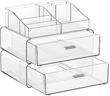 3 Tier Clear Acrylic Makeup Organizers with 2 Drawers,Desktop Tiered Makeup Hold