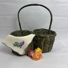 Vintage Double Wicker Baskets With Handle Green