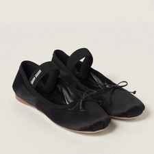 Miu Miu Satin Black Ballet Flats with Ankle Strap