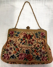 Vintage Sm PETIT POINT PURSE EVENING BAG Floral Ornate Frame PEACH SATIN LINING