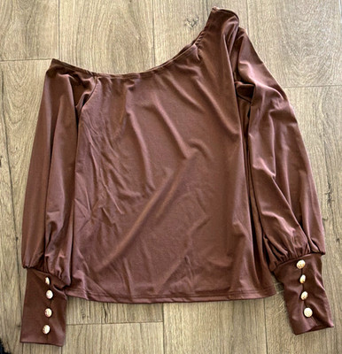 SheIn Women s S Brown Satin Solid Puff Sleeve Blouse w/ Button Cuff Scoop Neck