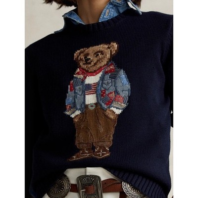 Black Red Bear Embroidered Pullover Sweater Long Sleeve Round Neck