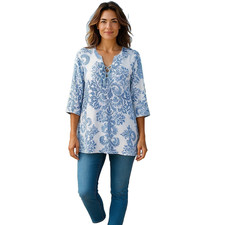 Show Me Your Mumu Tunic Top Sz S Blue White Boho Lace Up V Neck 3/4 Sleeve