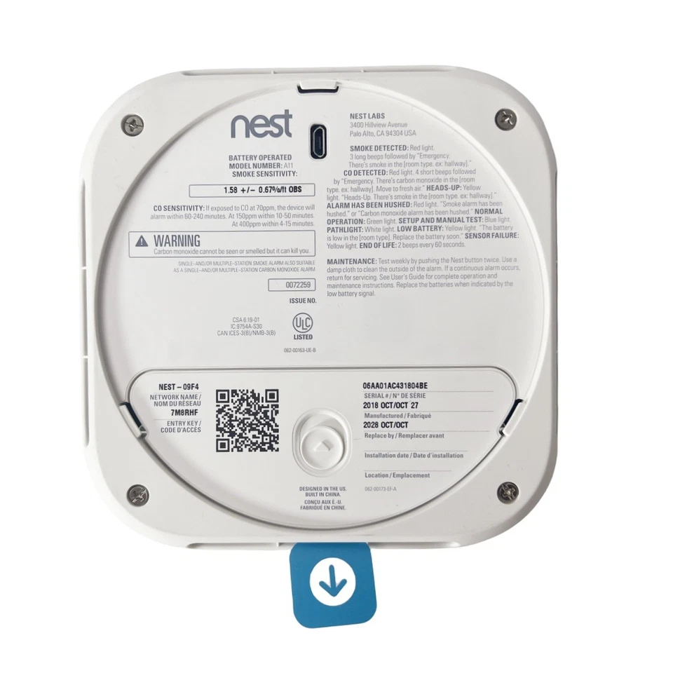 Google Nest Protect Alarma de Humo Inteligente Detector de Monóxido de Carbono Batería Alimentación Foto 3 de 4