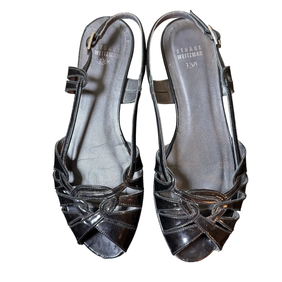 Stuart Weitzman Size 7.5 Black Patent Leather Strappy Open Toe Sling Back Flats - Image 2 of 4