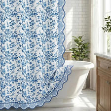 Cortina de Ducha Chinoiserie Floral Azul y Blanco con 12 Ganchos Botánico Floral