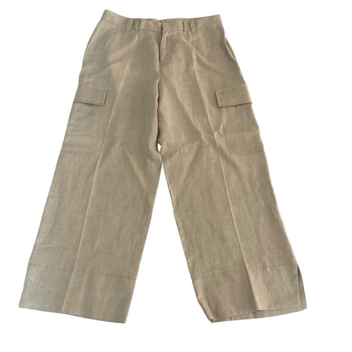 Edward Cargo Pant Women 10 Tan 100% Irish Linen Wide Leg Cropped Utility Trouser