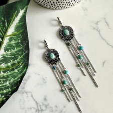 Silver Turquoise Stone Earrings Boho Southwestern Fringe Dangle Bead Long NEW