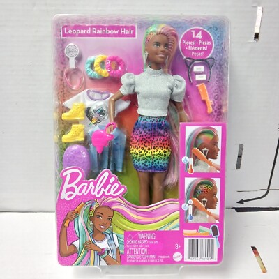 Mattel 2020 Barbie Leopard Rainbow Hair 14 pieces Color Changing Accessory NIB