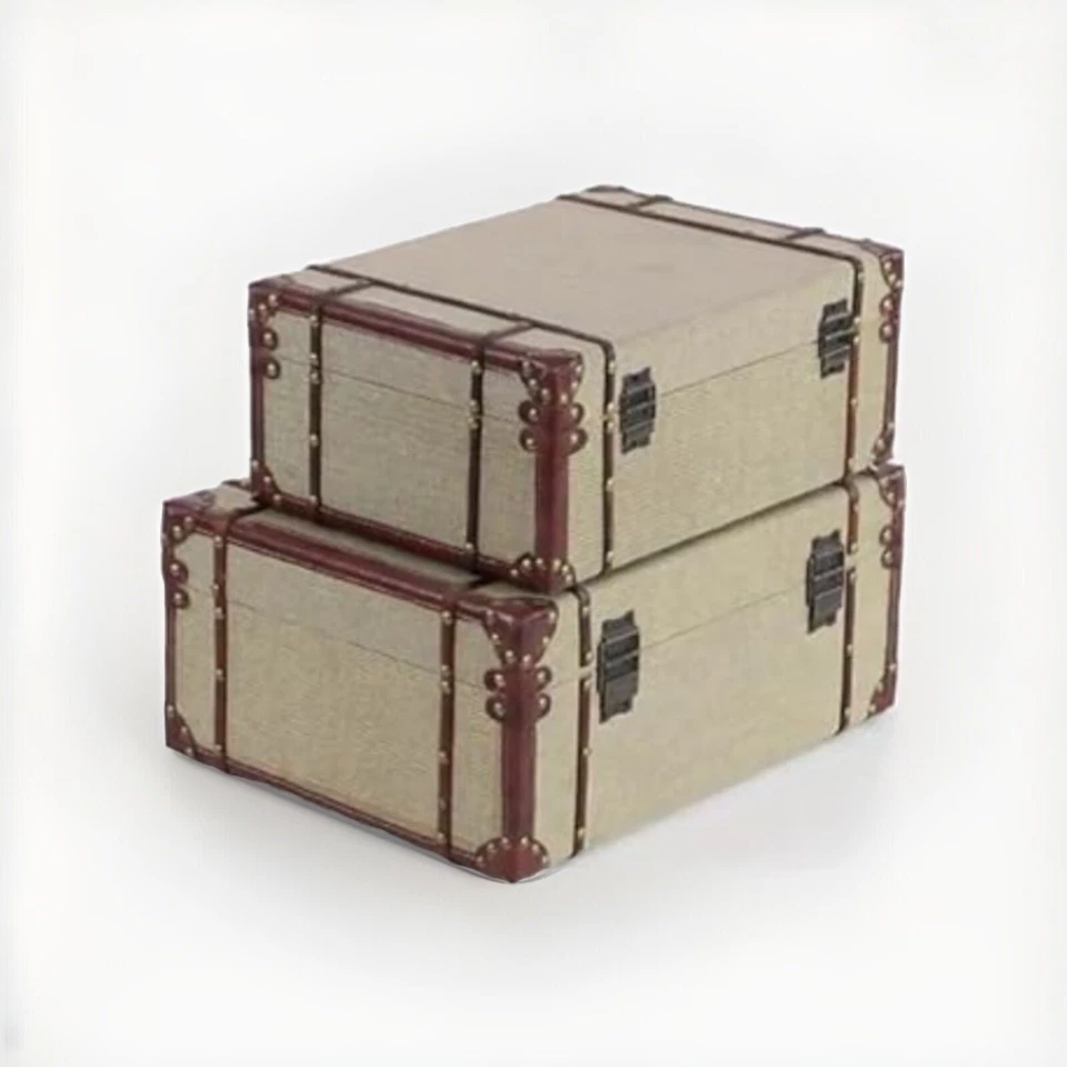 Vintage Wooden & Burlap Decorative Farmhouse Nesting Trunks - Set of 2 - Image 4 of 4