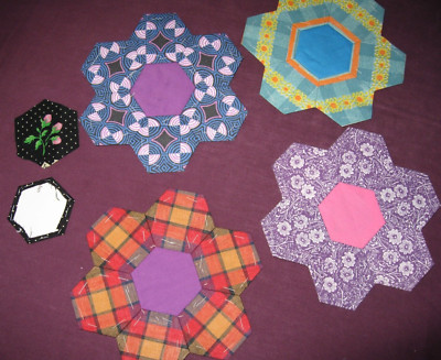 Patchwork Sechseck versch. Farben, Projektkissen Buchhülle Teekuschelig, Vintage