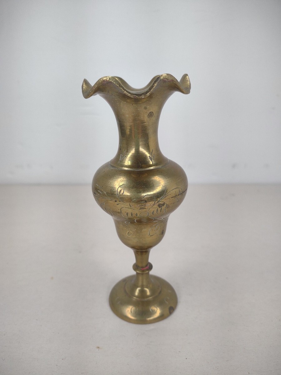 Vintage Solid Brass Vase Made In India Engraved Floral Design