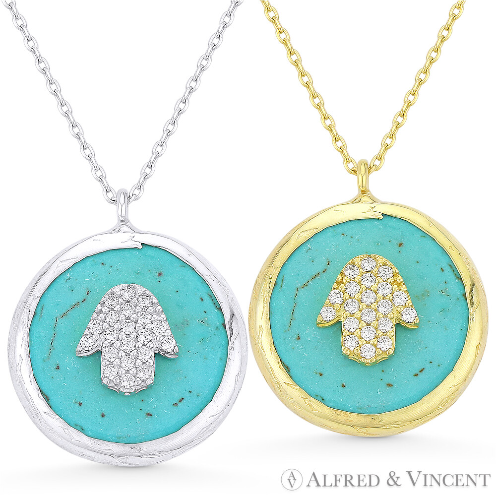 Hamsa Hand Evil Eye Charm Turquoise Enamel Sterling Silver Necklace  Pendant