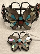 Rosita & Anselm WALLACE ZUNI BUTTERFLY CUFF & Pin STERLING TURQUOISE CORAL MOP