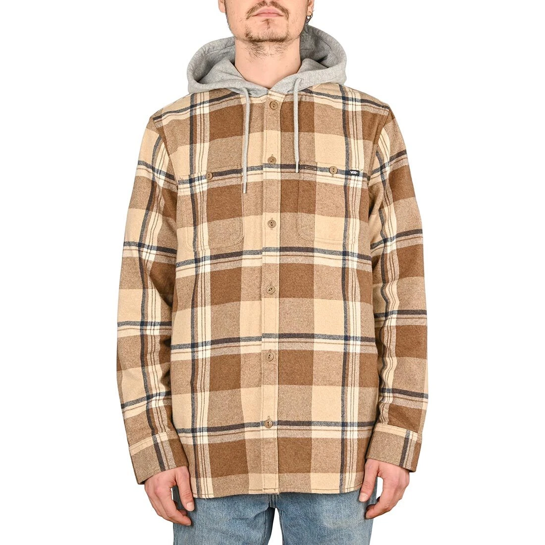 Brown Tartan Zip up Hoodie, Plaid Front Zipper Pocket Men Women Unisex  Adult Aesthetic Graphic Cotton Fleece Hooded Sweatshirt 