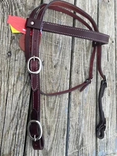 1"  stitched  burgundy leather draft horse Western headstall w/buckle ends