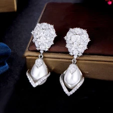 Silver Plated White Handmade CZ Fancy Pearl Drop Earrings for Women Engagement 