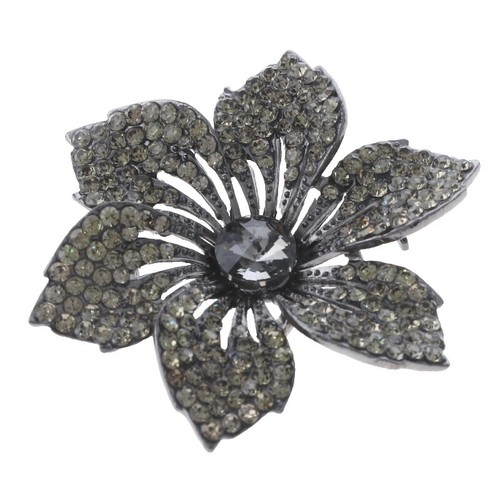 Vintage Silver Tone Black Rhinestone Camellia Flower Brooch Pin