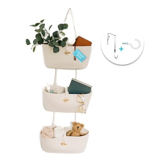 White Wall Hanging Baskets for Organizing, Hanging 3-Tier Full Off-white