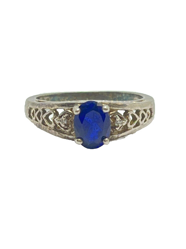 925 Sterling Silver Blue Cubic Zirconia Gemstone Hearts Ring Size 9