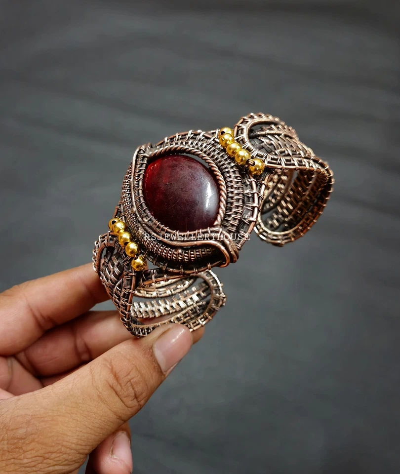 Brazalete de cobre labradorita roja envuelto en alambre pulsera ajustable para regalo Foto 2 de 4