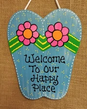  FLIP FLOPS Happy Place SIGN Tiki Bar Pool Hot Tub Wall Art Beach Decor Plaque