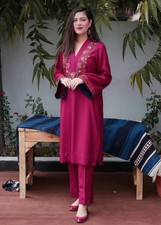 Women Indian dress; Pink Floral Embroidered Cotton Solid Afghani Kurta Trousers