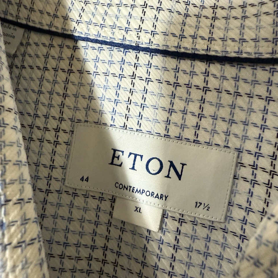 Camisa social Eton 17.5 44 azul ajuste contemporâneo XL algodão manga longa micro xadrez - Imagem 3 de 4