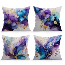Throw Pillow Covers Set of 4, 18x18 Inch Purple and Blue Abstract Floral Wate...