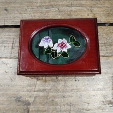 Vintage Small Wooden Mahogany Jewelry Trinket Box Hand Painted Flowers On Lid