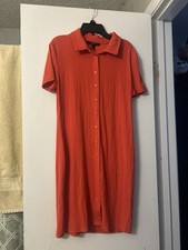 Forever 21 Ribbed Button Front Midi Dress Orange Short Sleeve Collared Casual L