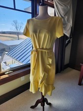 Calvin Klein Boat Neck Short Sleeve Belted Ruffle Hem Faux Wrap Mid Length Dress