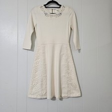 Eliza J Ivory Lace Fit Flare Dress XS Knit 3/4 Sleeve A-Line Wedding
