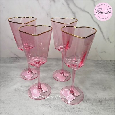 4 Pink Heart Shaped Stemmed Cocktail Glasses Set -Gold Rim, Wine, Champagne -NEW